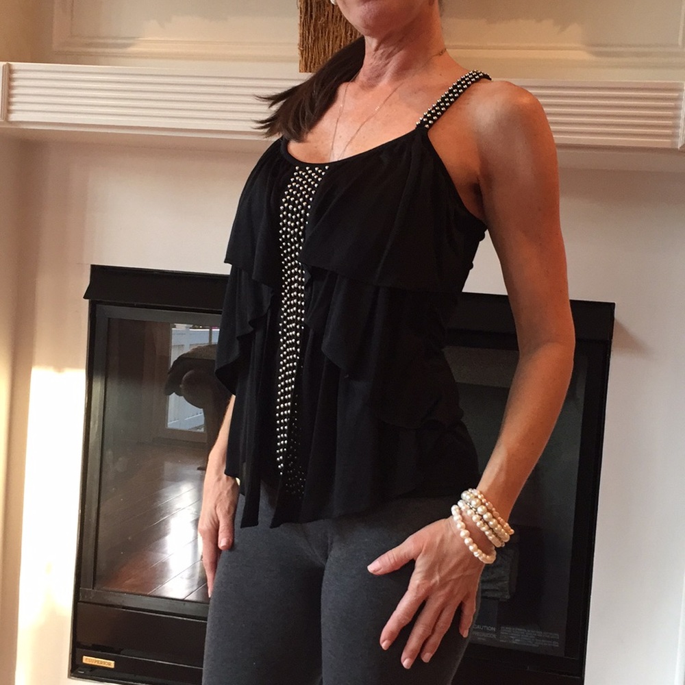 Saks Fith Ave Black Silk/Rayon Silver Studded Top